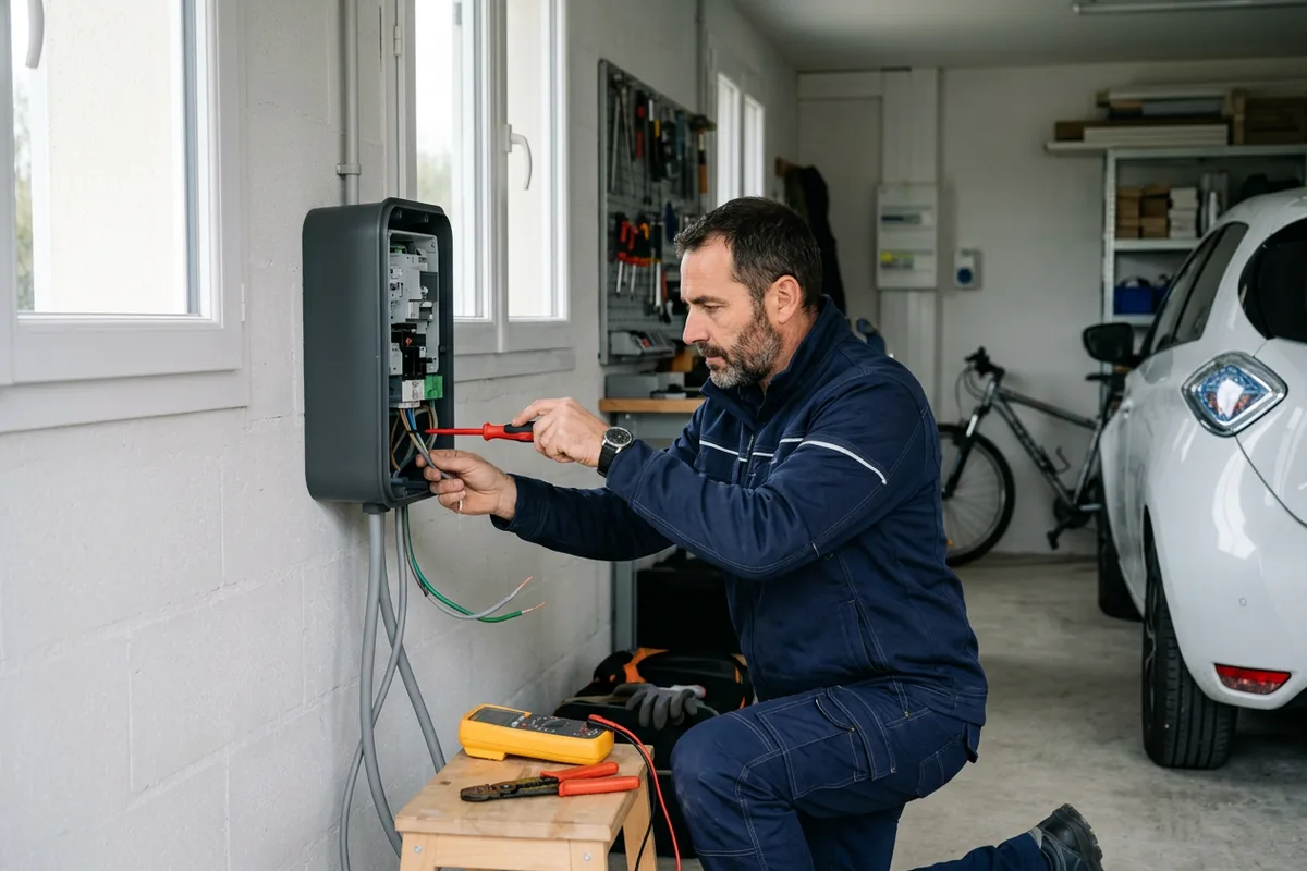 Technicien qualifié procédant à l'installation borne de recharge sécurisée à Pesmes